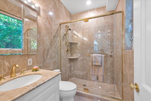 bathroom with tile walls, a shower stall, toilet, and vanity