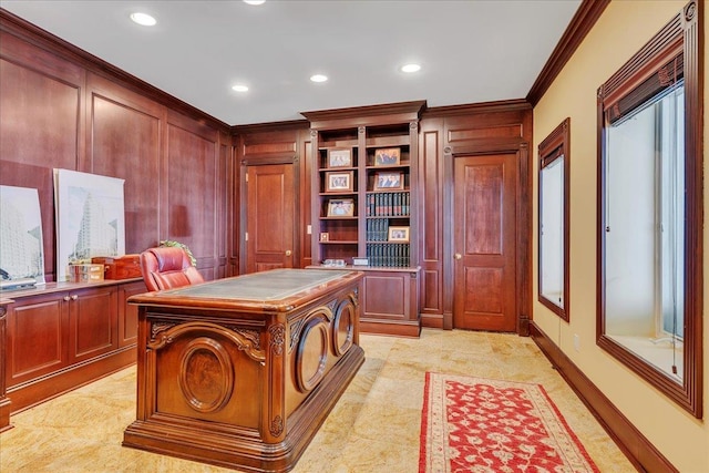 office space with crown molding and recessed lighting