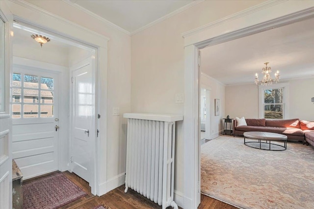 doorway with a notable chandelier, ornamental molding, radiator heating unit, and dark wood-style flooring