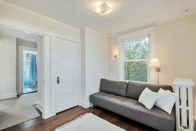 living area with baseboards, dark wood-type flooring, and ornamental molding