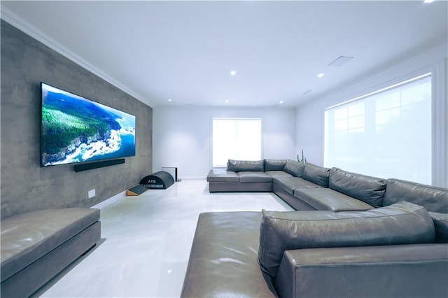 living room featuring ornamental molding and recessed lighting