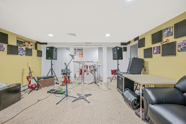 workout area featuring carpet floors, visible vents, and recessed lighting