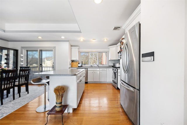 kitchen with a kitchen island, visible vents, white cabinetry, appliances with stainless steel finishes, and light wood-type flooring