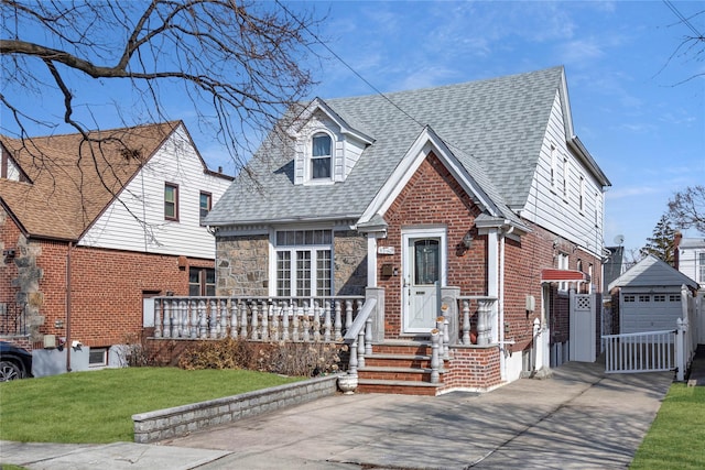 view of front of house with a shingled roof, brick siding, driveway, and a front lawn