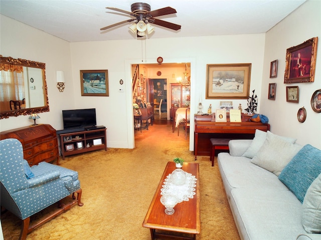 5844 78th Ave, Glendale, NY 11385 - living area featuring a ceiling fan, light carpet, and baseboards
