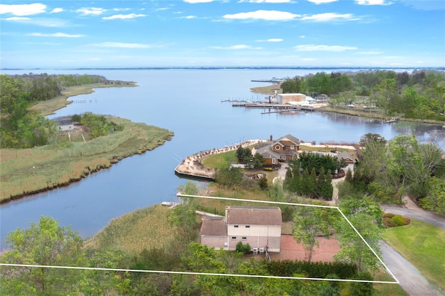 bird's eye view with a water view