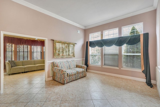 living area featuring visible vents, crown molding, baseboards, and light tile patterned floors