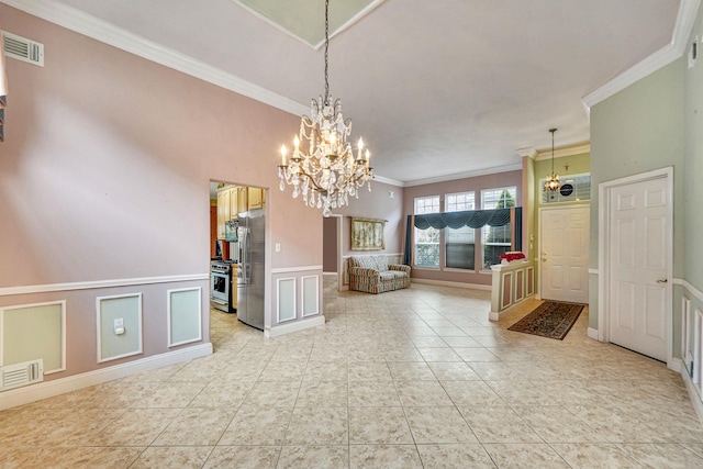 interior space with a chandelier, visible vents, crown molding, and light tile patterned floors