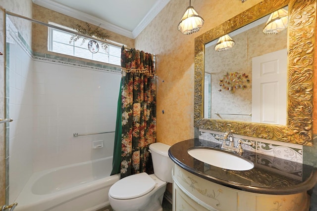 full bathroom with crown molding, shower / bath combination with curtain, toilet, vanity, and wallpapered walls