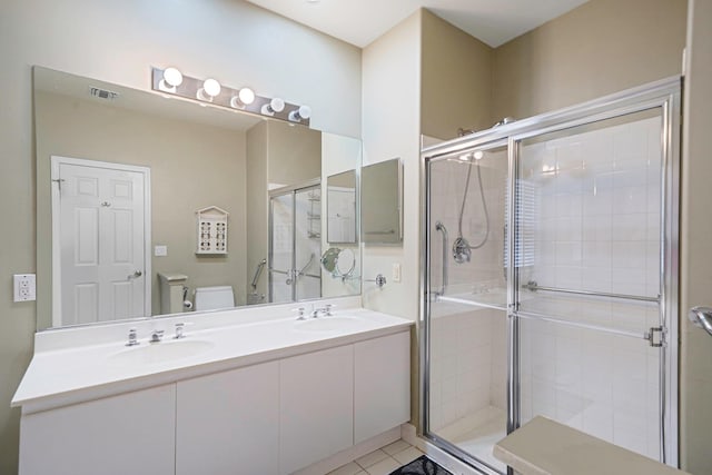 full bathroom with toilet, a stall shower, a sink, and visible vents