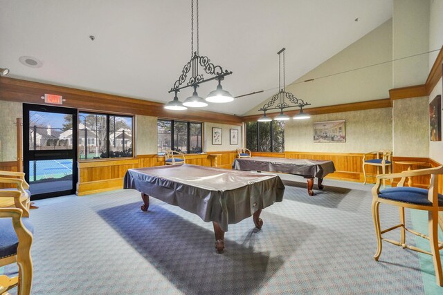 recreation room featuring carpet floors, wainscoting, and billiards