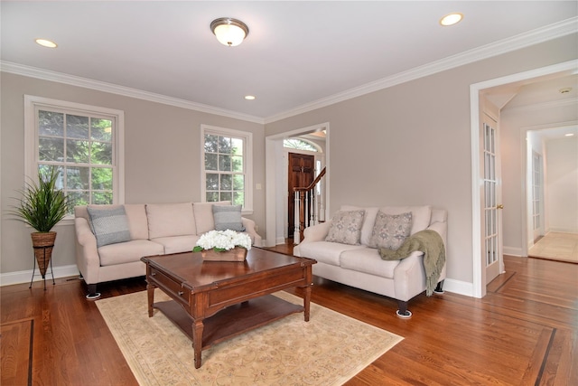 6 Hazen St, Pelham, NY 10803 - living area featuring wood finished floors, baseboards, ornamental molding, recessed lighting, and stairs