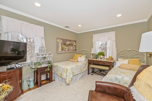 bedroom featuring visible vents, ornamental molding, and recessed lighting