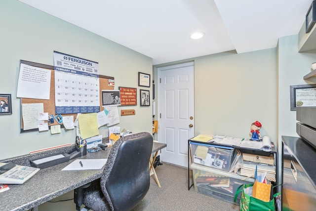 carpeted home office featuring recessed lighting