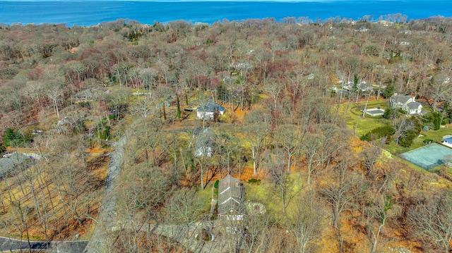 birds eye view of property featuring a forest view