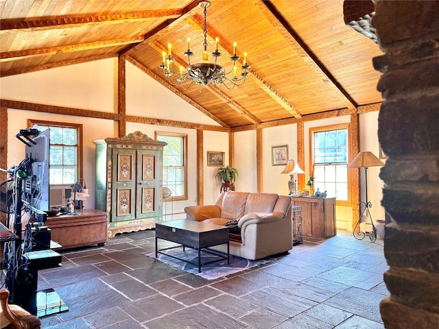 2838 Old Kings Rd, Catskill, NY 12414 - living area with wooden ceiling with exposed beams, a chandelier, stone tile floors, healthy amount of natural light, and high vaulted ceiling