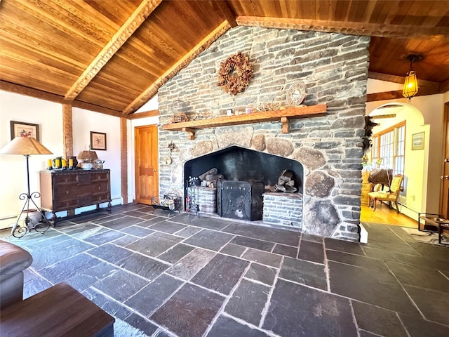 2838 Old Kings Rd, Catskill, NY 12414 - living area featuring wooden ceiling, a fireplace, stone tile floors, and arched walkways