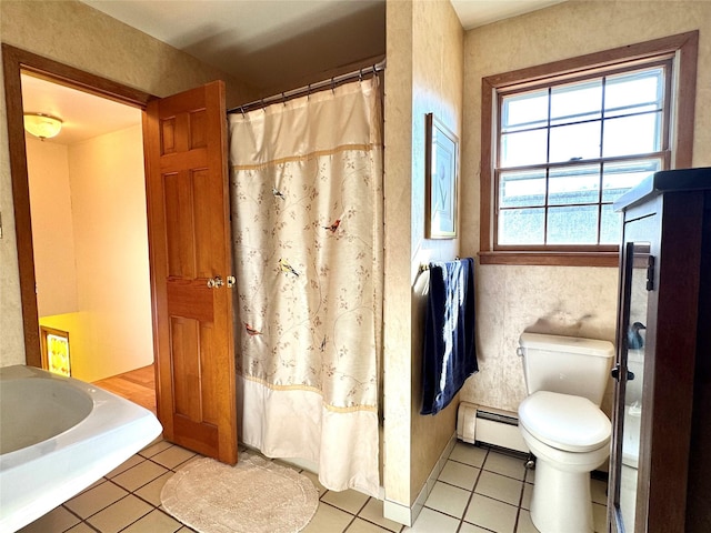 2838 Old Kings Rd, Catskill, NY 12414 - full bathroom featuring baseboard heating, toilet, tile patterned floors, and a shower with shower curtain
