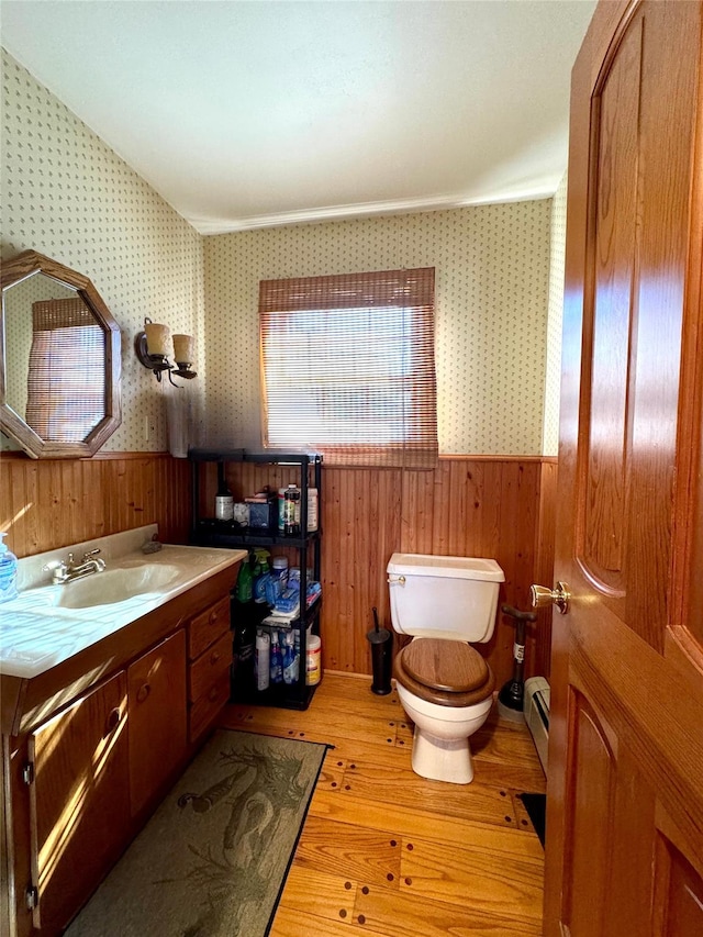 2838 Old Kings Rd, Catskill, NY 12414 - bathroom featuring wallpapered walls, a wainscoted wall, toilet, vanity, and wood finished floors