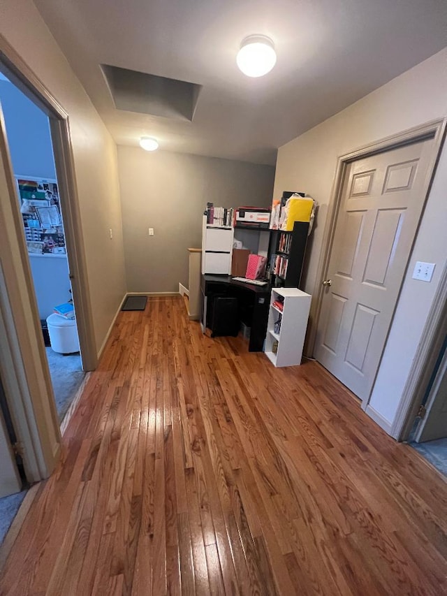 home office featuring light wood-style flooring, attic access, and baseboards