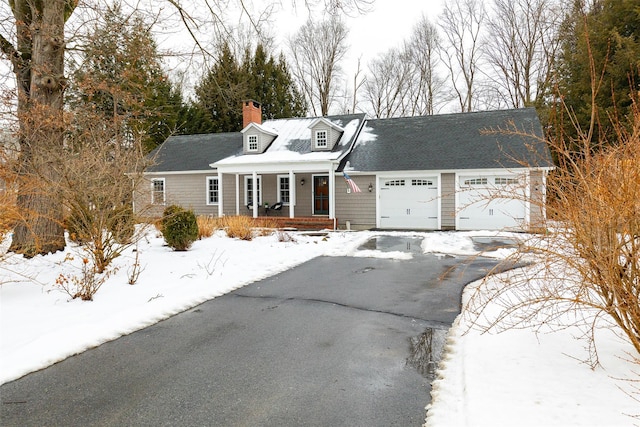 cape cod-style house featuring a garage, a porch, a chimney, and aphalt driveway