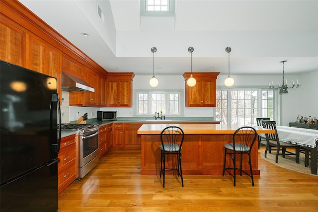 kitchen featuring stainless steel appliances, light wood-style floors, plenty of natural light, and under cabinet range hood