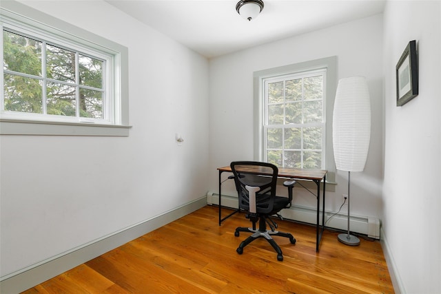 office space with baseboard heating, wood finished floors, and baseboards