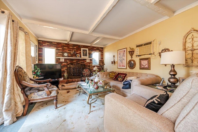 living area featuring beam ceiling, coffered ceiling, a brick fireplace, and a wall unit AC