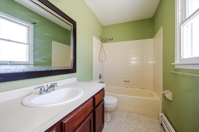 bathroom featuring vanity, a baseboard radiator, shower / tub combination, toilet, and tile patterned floors