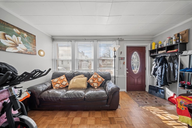 living room with crown molding