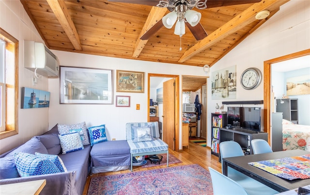 living area with a ceiling fan, lofted ceiling with beams, a wall unit AC, wood ceiling, and wood finished floors