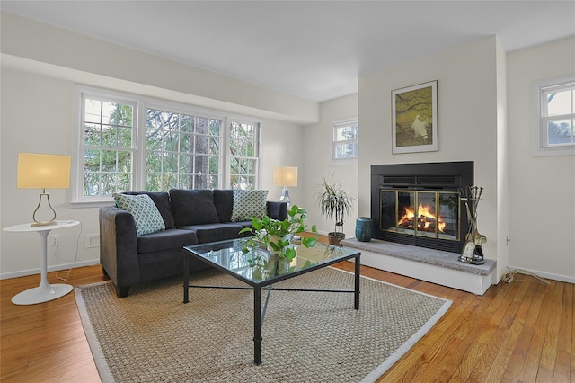 living area with a wealth of natural light, hardwood / wood-style floors, and a glass covered fireplace