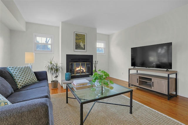 living area with wood finished floors, a glass covered fireplace, and baseboards