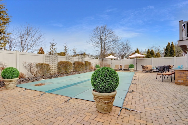 view of pool with a fenced backyard and a patio