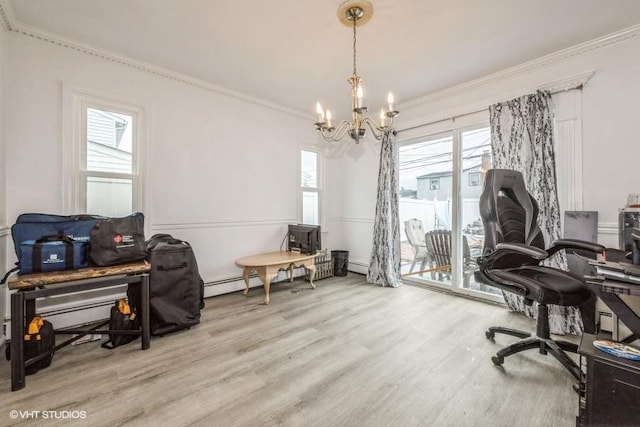 18 Old Farm Rd, Levittown, NY 11756 - home office featuring wood finished floors, ornamental molding, a chandelier, and a baseboard heating unit
