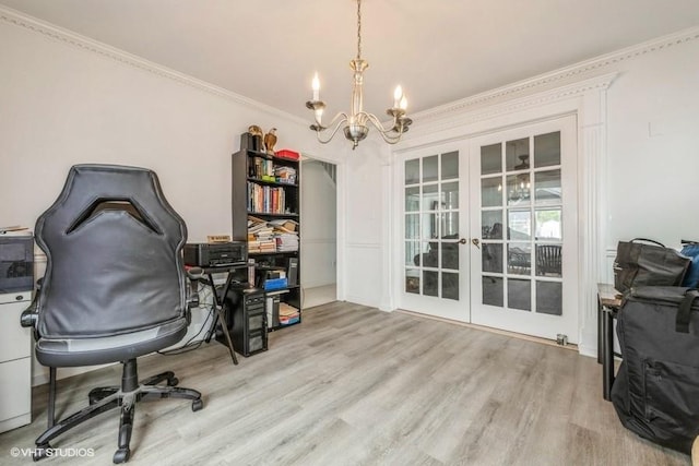 18 Old Farm Rd, Levittown, NY 11756 - office space featuring a chandelier, french doors, wood finished floors, and ornamental molding