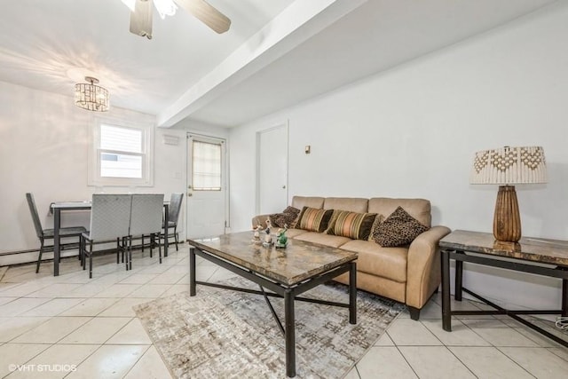 18 Old Farm Rd, Levittown, NY 11756 - living area featuring light tile patterned floors, ceiling fan, and beamed ceiling