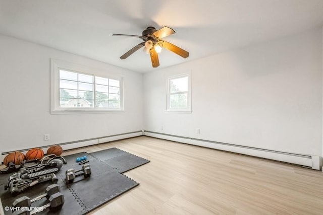 18 Old Farm Rd, Levittown, NY 11756 - exercise room featuring healthy amount of natural light, wood finished floors, a ceiling fan, and a baseboard heating unit
