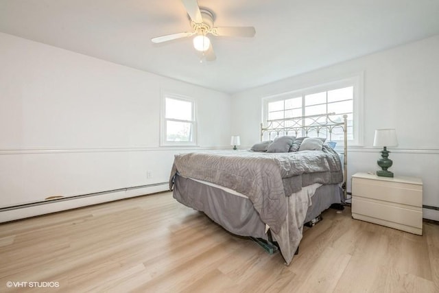18 Old Farm Rd, Levittown, NY 11756 - bedroom with a baseboard radiator, light wood finished floors, and a ceiling fan