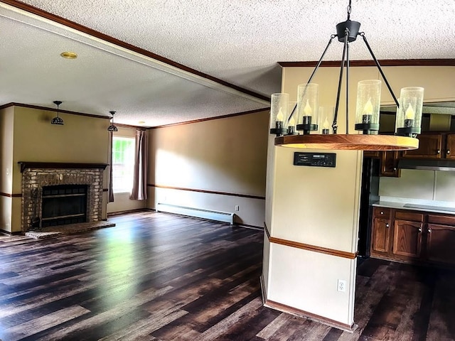 521 Hessinger Lare Rd, Jeffersonville, NY 12748 - unfurnished living room featuring a baseboard heating unit, ornamental molding, a textured ceiling, dark wood-style floors, and a brick fireplace