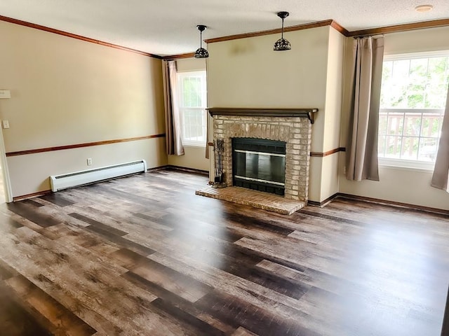 521 Hessinger Lare Rd, Jeffersonville, NY 12748 - unfurnished living room with a baseboard radiator, ornamental molding, wood finished floors, and a fireplace