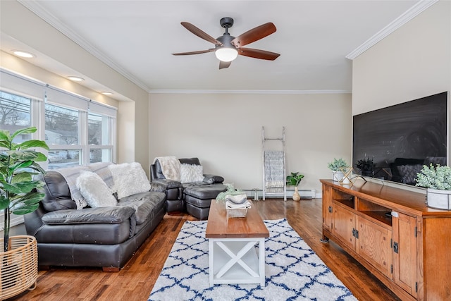 living room with ornamental molding, a baseboard radiator, wood finished floors, and a ceiling fan