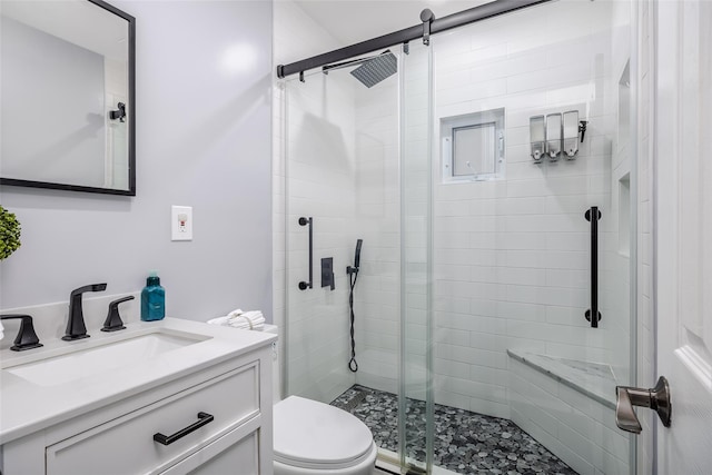 bathroom featuring toilet, a stall shower, and vanity