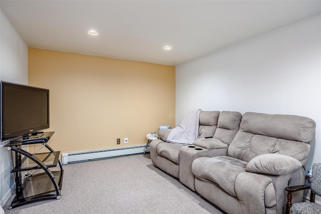 living room featuring carpet floors, baseboard heating, and recessed lighting