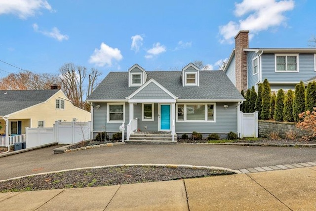 view of front of home featuring a shingled roof and fence