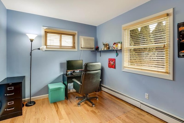 office area featuring a baseboard radiator and wood finished floors