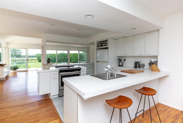 20 Winding Way, Water Mill, NY 11976 - kitchen featuring light wood-style flooring, freestanding refrigerator, a peninsula, stainless steel electric range, and a sink