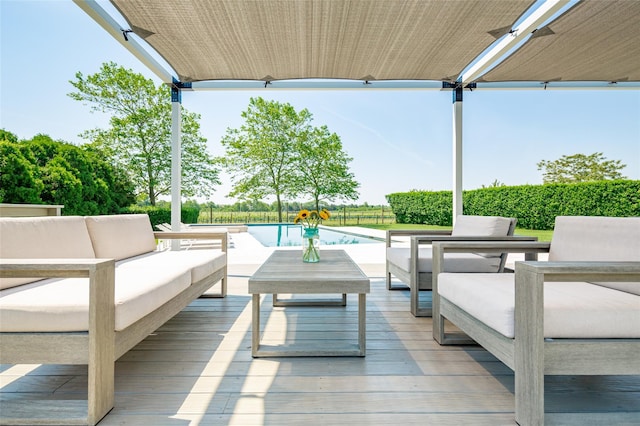 20 Winding Way, Water Mill, NY 11976 - wooden terrace featuring a fenced in pool and an outdoor living space