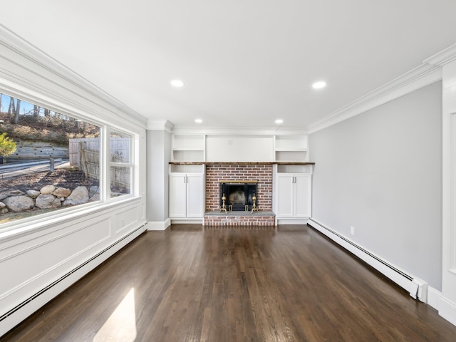 unfurnished living room with a baseboard radiator, a fireplace, dark wood-type flooring, and crown molding