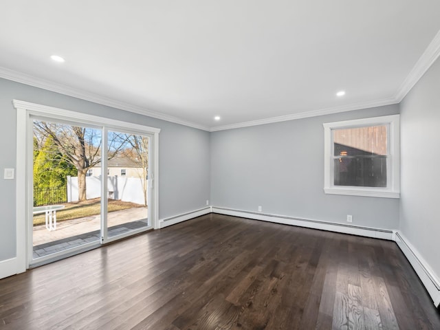 empty room featuring ornamental molding, recessed lighting, dark wood finished floors, and baseboards